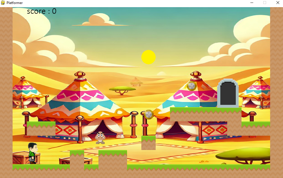 Niveau du jeu de plateforme, avec des tentes mauritaniennes dans le désert