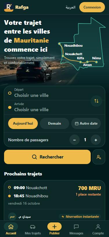 Accueil de Rafga : carte de la Mauritanie, formulaire de recherche et prochains trajets